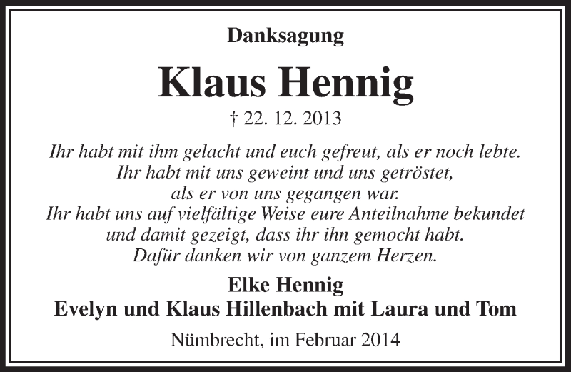  Traueranzeige für Klaus Hennig vom 05.02.2014 aus  Lokalanzeiger 