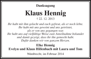 Anzeige von Klaus Hennig von  Lokalanzeiger 