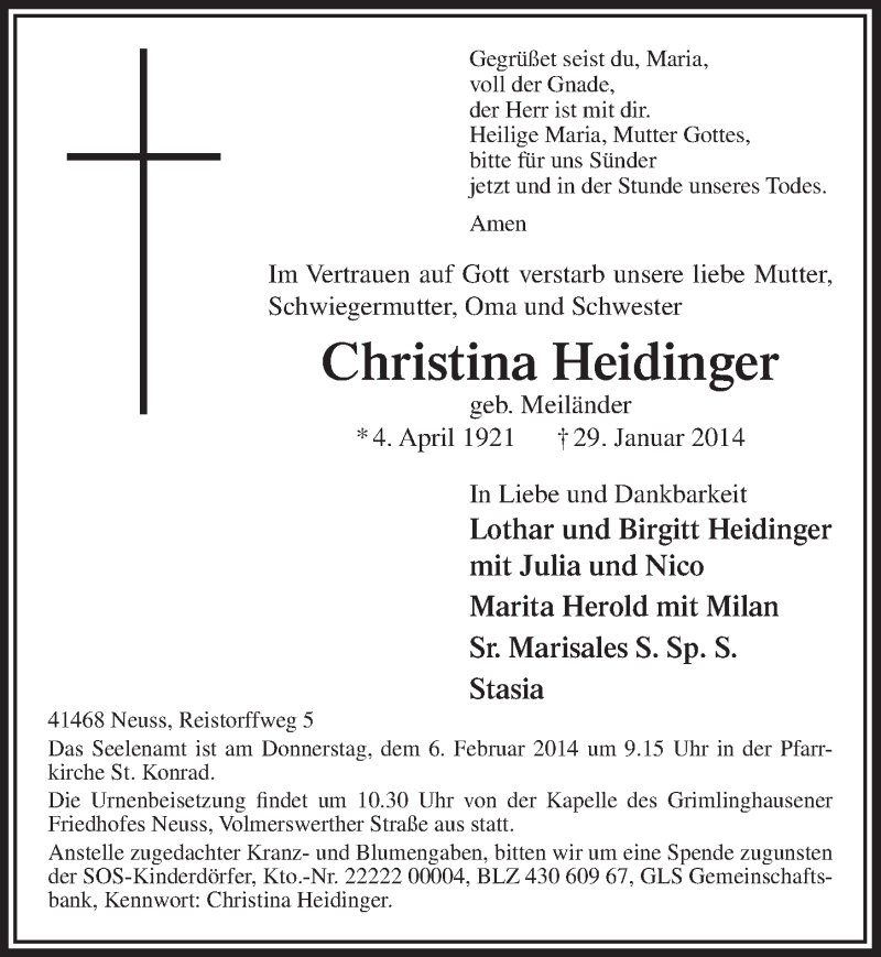  Traueranzeige für Christina Heidinger vom 05.02.2014 aus  Extra Blatt 