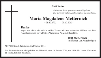 Anzeige von Maria Magdalene Metternich von  Wochenende 