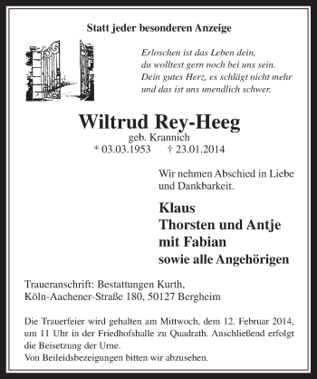 Anzeige von Wiltrud Rey-Heeg von  Werbepost 