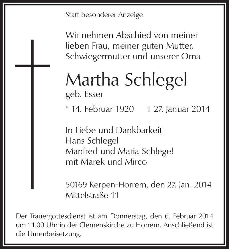  Traueranzeige für Martha Schlegel vom 05.02.2014 aus  Werbepost 
