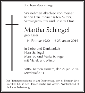 Anzeige von Martha Schlegel von  Werbepost 