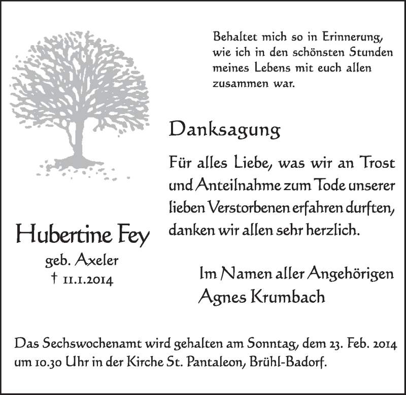  Traueranzeige für Hubertine Fey vom 05.02.2014 aus  Schlossbote/Werbekurier 