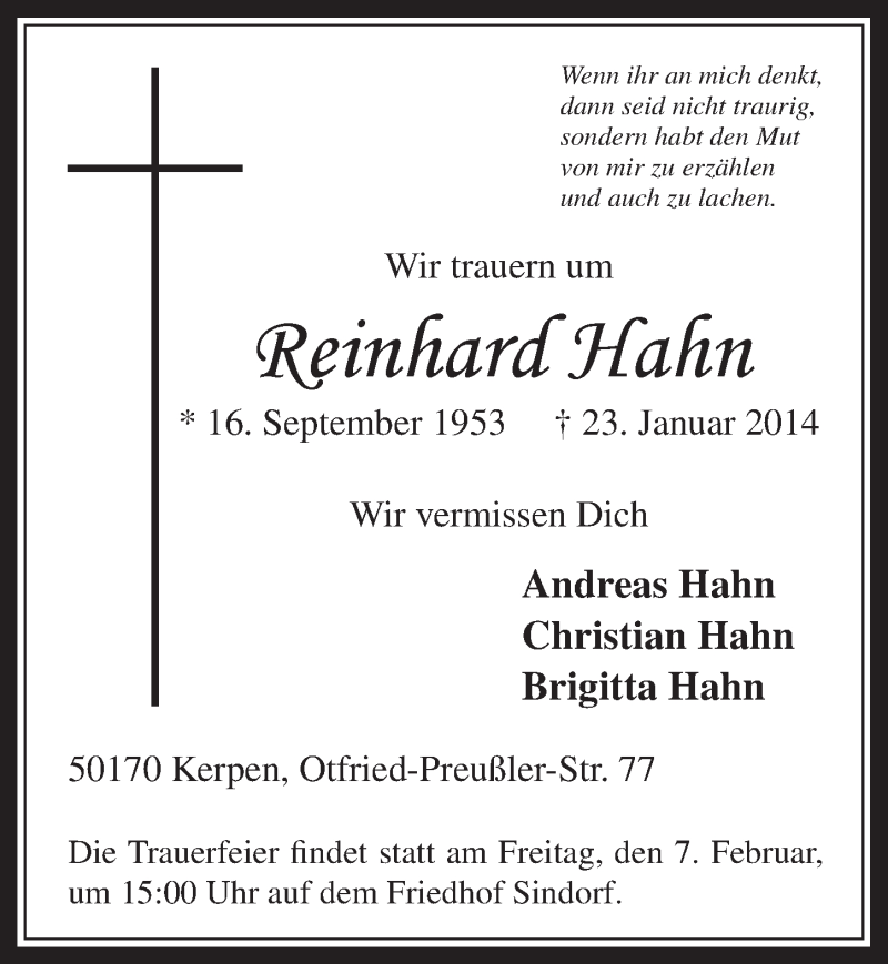  Traueranzeige für Reinhard Hahn vom 05.02.2014 aus  Werbepost 