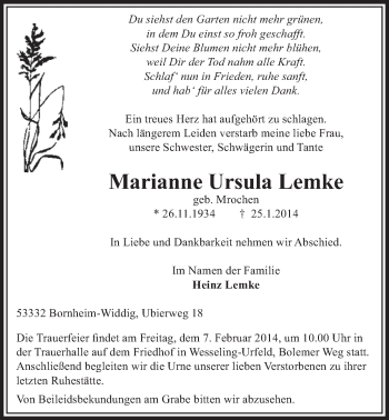 Anzeige von Marianne Ursula Lemke von  Schlossbote/Werbekurier 