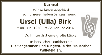 Anzeige von Ursel Birk von  Anzeigen Echo 