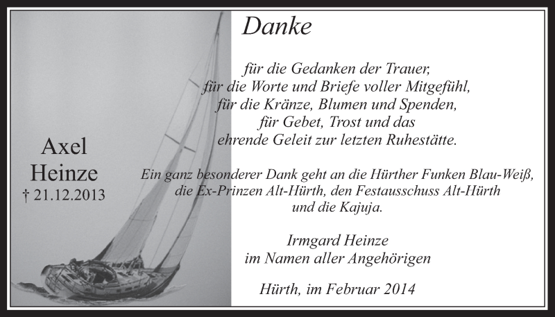  Traueranzeige für Axel Heinze vom 05.02.2014 aus  Wochenende 