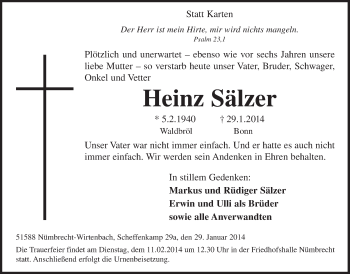 Anzeige von Heinz Sälzer von  Lokalanzeiger 