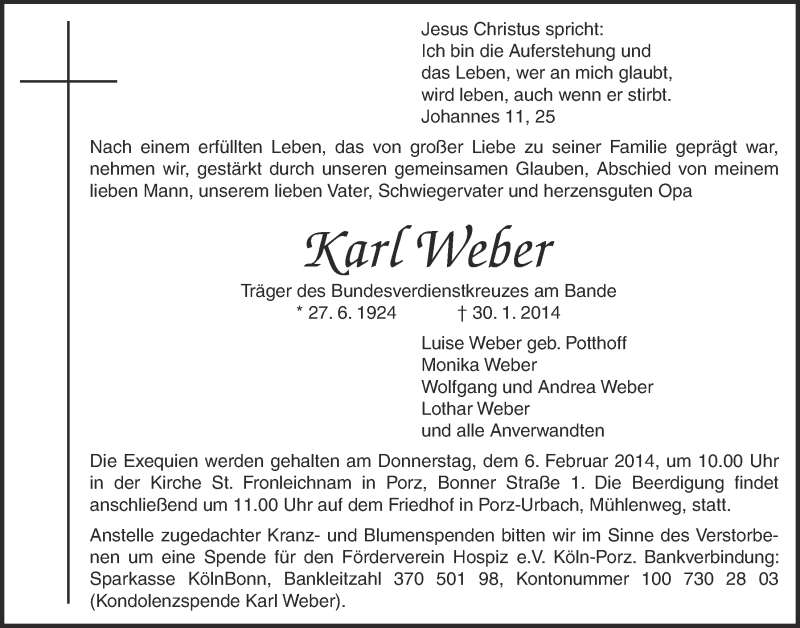  Traueranzeige für Karl Weber vom 05.02.2014 aus  Kölner Wochenspiegel 