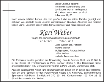 Anzeige von Karl Weber von  Kölner Wochenspiegel 