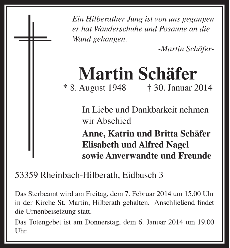  Traueranzeige für Martin Schäfer vom 05.02.2014 aus  Schaufenster/Blickpunkt 