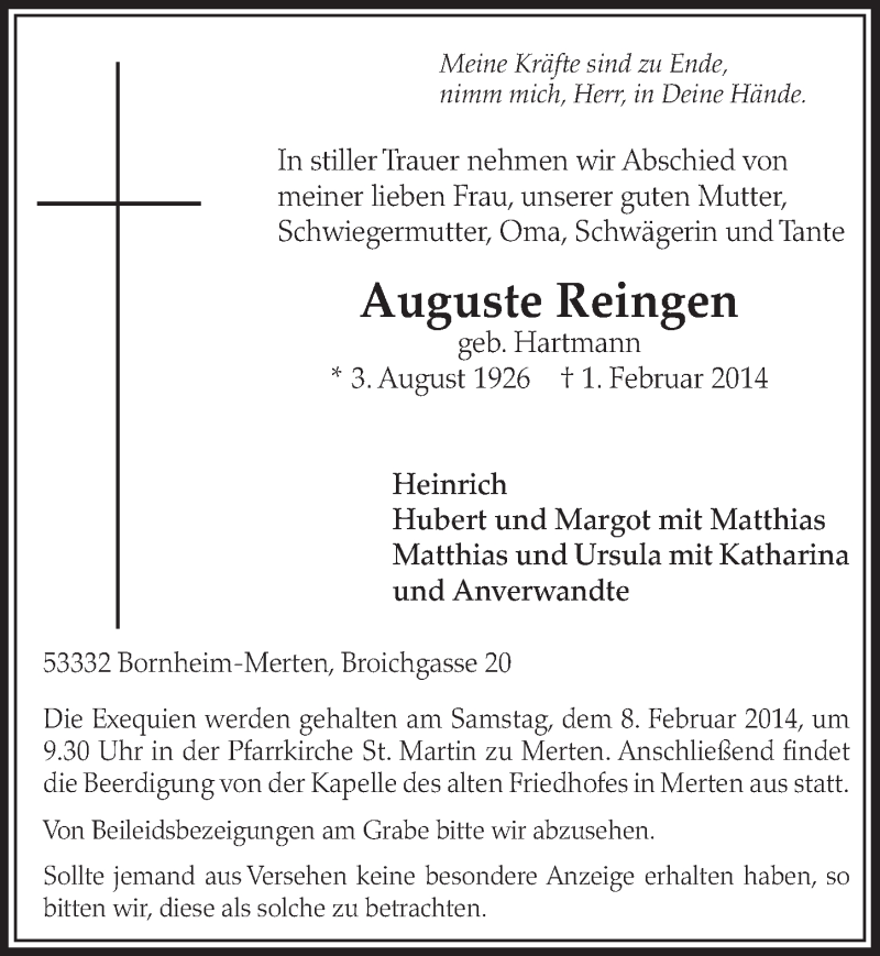  Traueranzeige für Auguste Reingen vom 05.02.2014 aus  Schlossbote/Werbekurier 