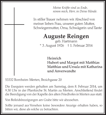 Anzeige von Auguste Reingen von  Schlossbote/Werbekurier 