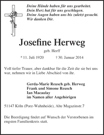Anzeige von Josefine Herweg von  Kölner Wochenspiegel 