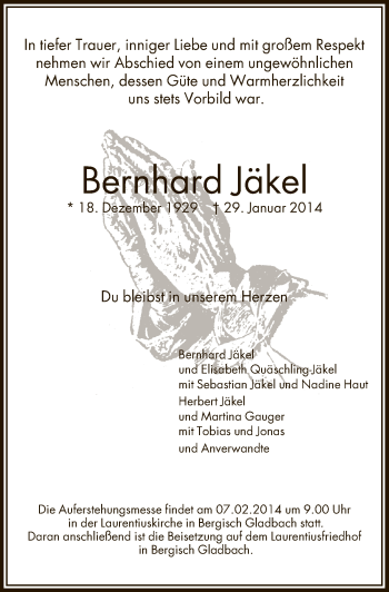 Anzeige von Bernhard Jäkel von  Bergisches Handelsblatt 