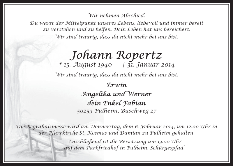  Traueranzeige für Johann Ropertz vom 05.02.2014 aus  Wochenende 