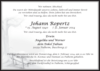 Anzeige von Johann Ropertz von  Wochenende 