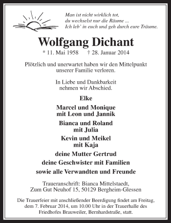Anzeige von Wolfgang Dichant von  Wochenende 