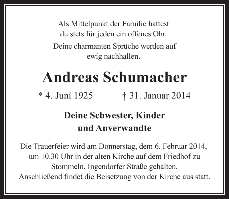  Traueranzeige für Andreas Schumacher vom 05.02.2014 aus  Wochenende 