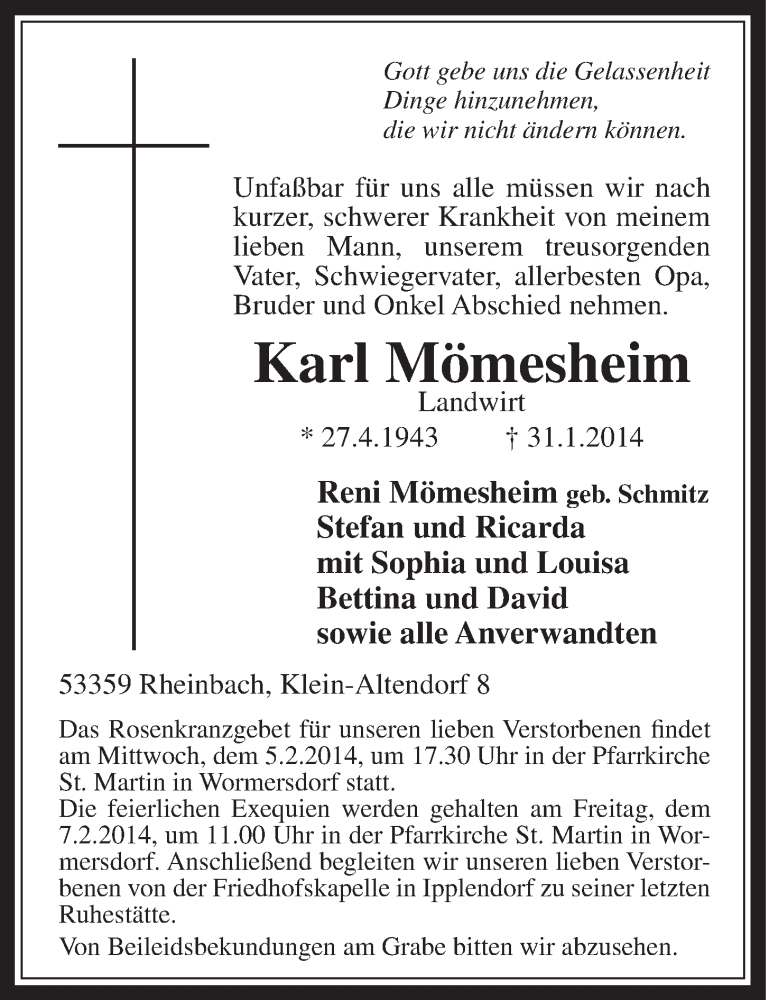  Traueranzeige für Karl Mömesheim vom 05.02.2014 aus  Schaufenster/Blickpunkt 