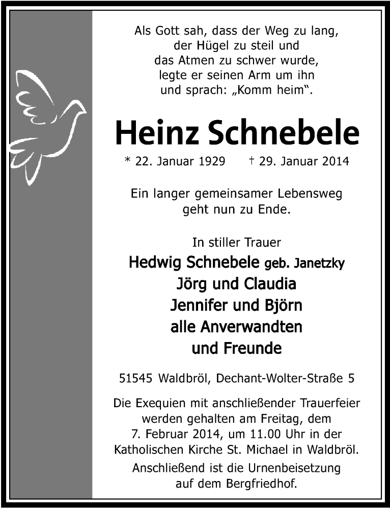 Traueranzeige für Heinz Schnebele vom 05.02.2014 aus  Lokalanzeiger 