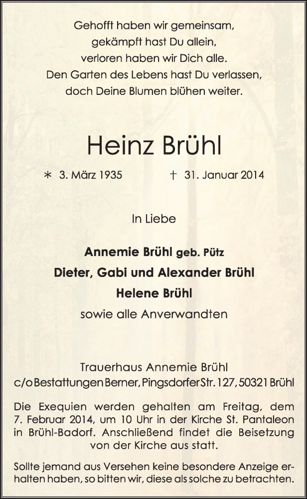  Traueranzeige für Heinz Brühl vom 05.02.2014 aus  Schlossbote/Werbekurier 
