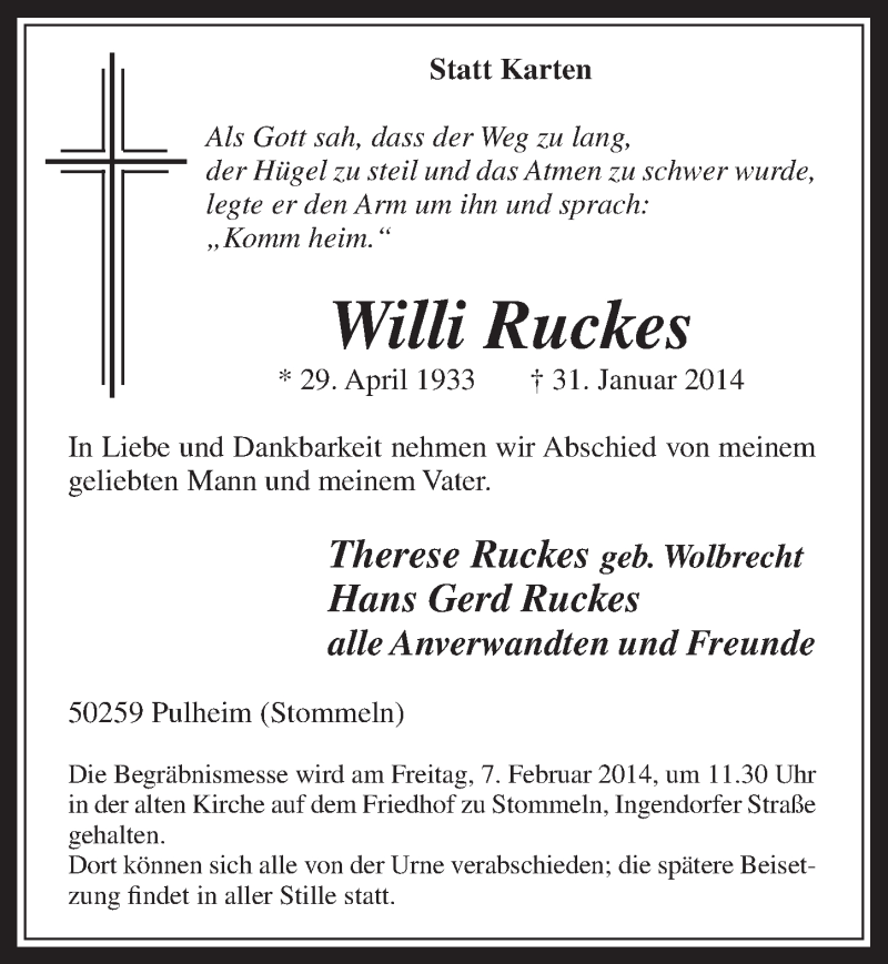 Traueranzeige für Willi Ruckes vom 05.02.2014 aus  Wochenende 