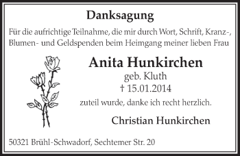 Anzeige von Anita Hunkirchen von  Schlossbote/Werbekurier 