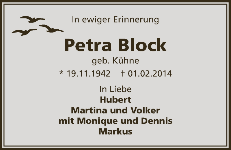  Traueranzeige für Petra Block vom 05.02.2014 aus  Anzeigen Echo 