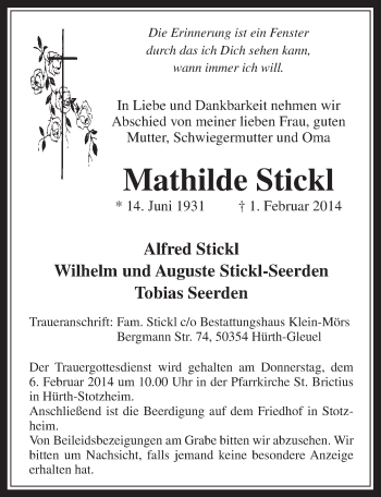 Anzeige von Mathilde Stickl von  Wochenende 