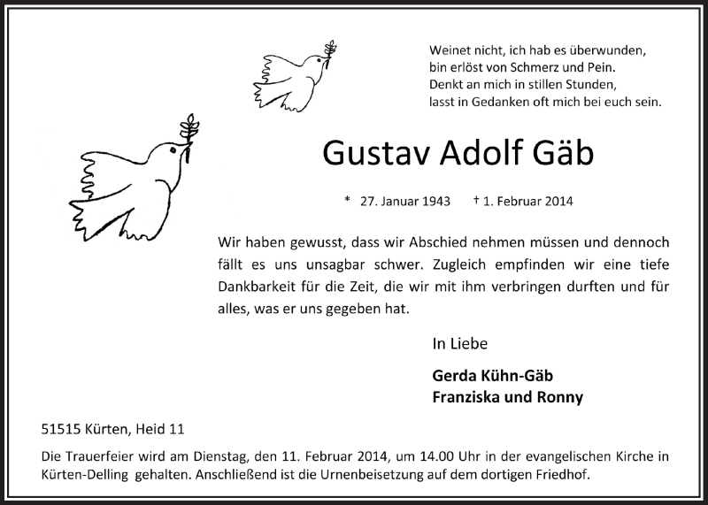  Traueranzeige für Gustav Adolf Gäb vom 05.02.2014 aus  Bergisches Handelsblatt 