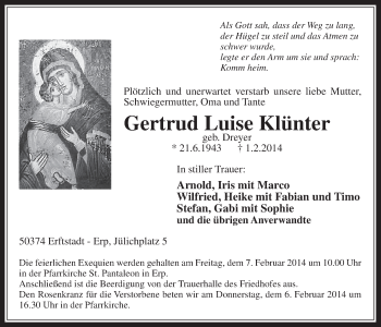 Anzeige von Gertrud Luise Klünter von  Werbepost 