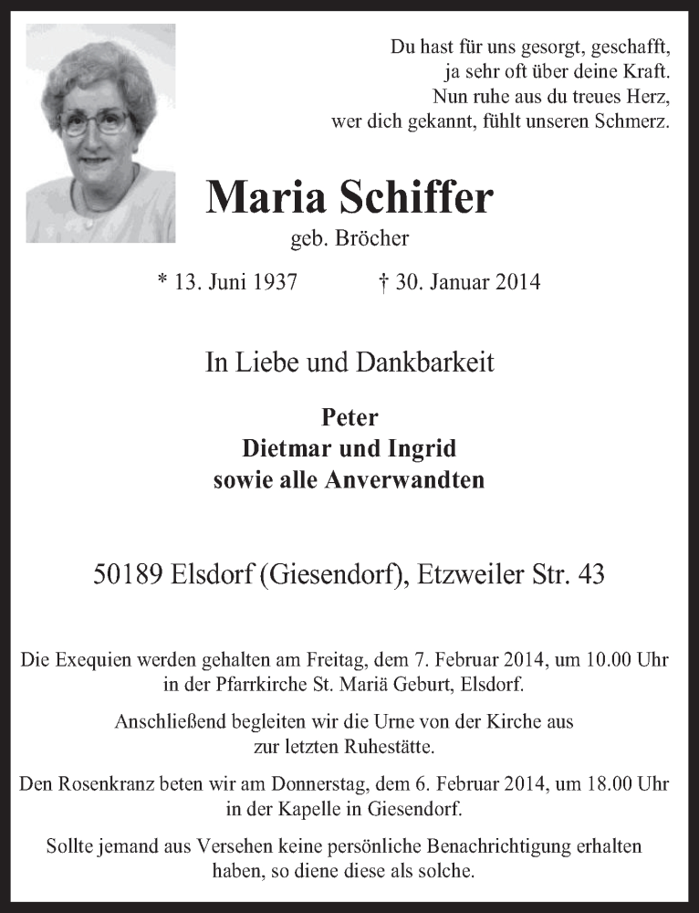  Traueranzeige für Maria Schiffer vom 05.02.2014 aus  Werbepost 