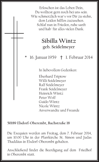 Anzeige von Sibilla Wintz von  Werbepost 