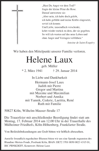Anzeige von Helene Laux von  Extra Blatt 