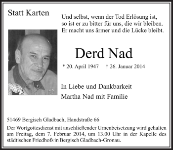 Anzeige von Derd Nad von  Bergisches Handelsblatt 