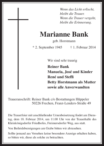 Anzeige von Marianne Bank von  Wochenende 