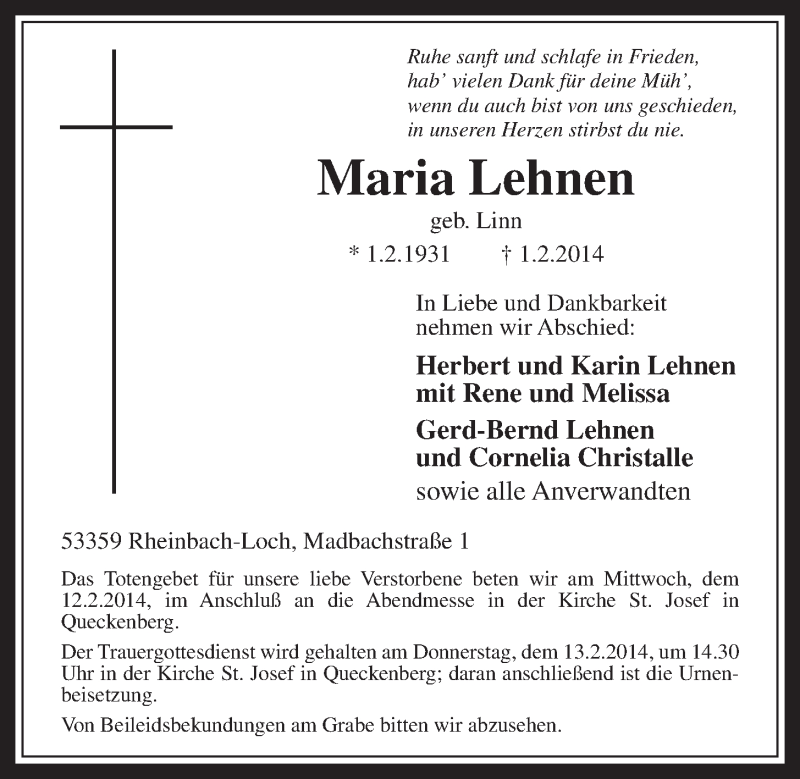  Traueranzeige für Maria Lehnen vom 12.02.2014 aus  Schaufenster/Blickpunkt 