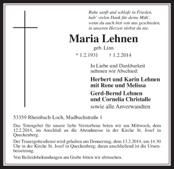 Anzeige von Maria Lehnen von  Schaufenster/Blickpunkt 