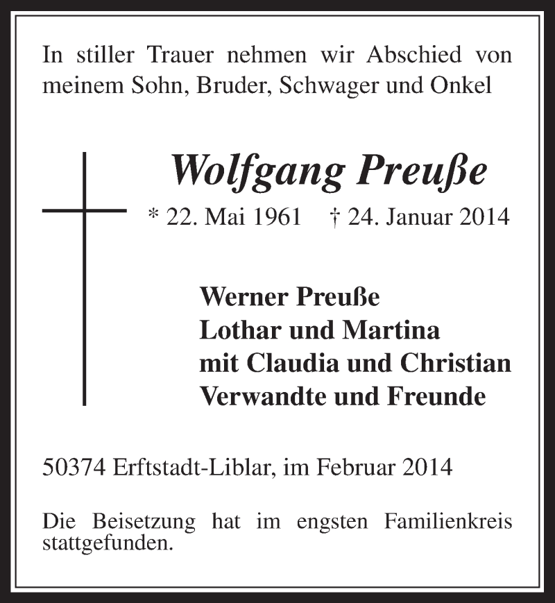  Traueranzeige für Wolfgang Preuße vom 12.02.2014 aus  Werbepost 
