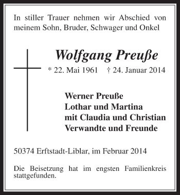 Anzeige von Wolfgang Preuße von  Werbepost 