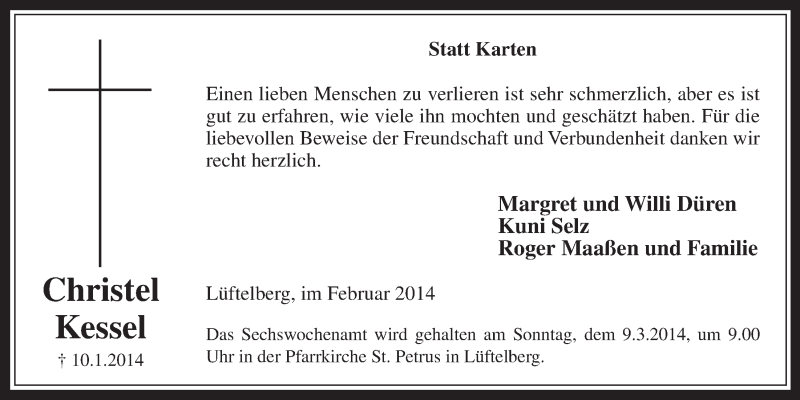  Traueranzeige für Christel Christel vom 26.02.2014 aus  Schaufenster/Blickpunkt 