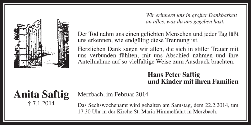  Traueranzeige für Anita Saftig vom 12.02.2014 aus  Schaufenster/Blickpunkt 