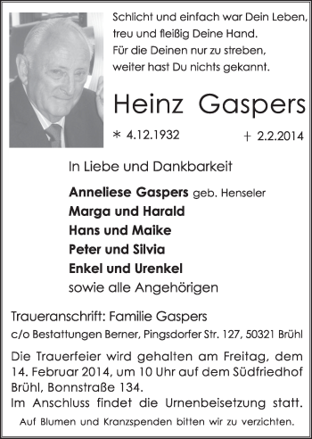 Anzeige von Heinz Gaspers von  Schlossbote/Werbekurier 
