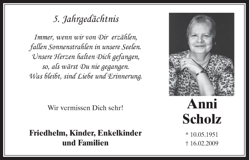  Traueranzeige für Anni Scholz vom 12.02.2014 aus  Werbepost 
