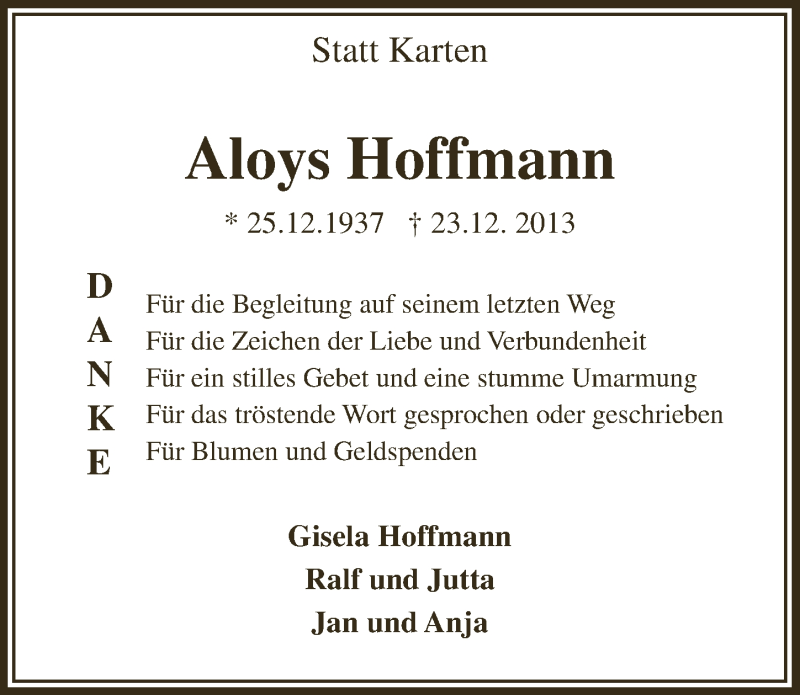 Traueranzeige für Aloys Hoffmann vom 12.02.2014 aus  Lokale Informationen 