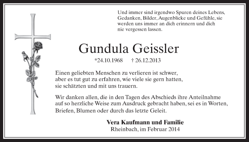  Traueranzeige für Gundula Geissler vom 12.02.2014 aus  Schaufenster/Blickpunkt 
