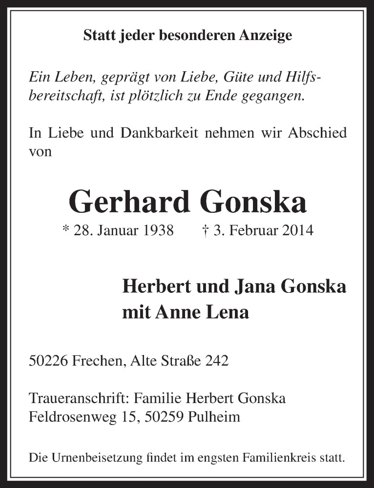  Traueranzeige für Gerhard Gonska vom 12.02.2014 aus  Wochenende 