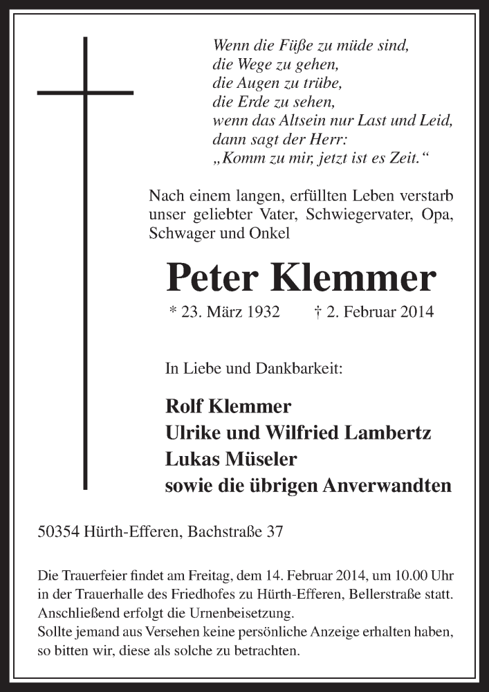  Traueranzeige für Peter Klemmer vom 12.02.2014 aus  Wochenende 